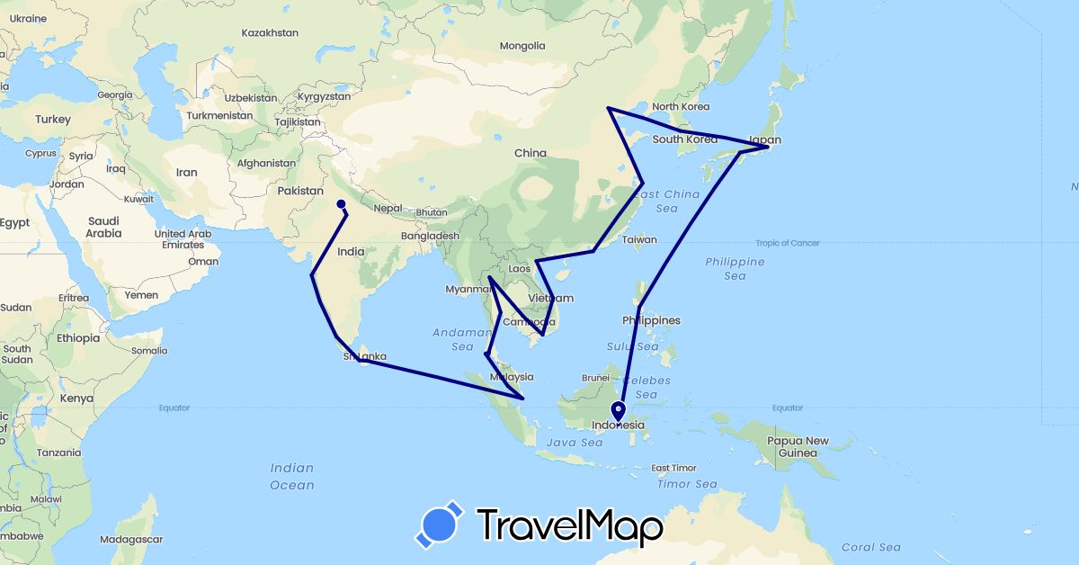 TravelMap itinerary: driving in China, Indonesia, India, Japan, Cambodia, South Korea, Sri Lanka, Malaysia, Philippines, Singapore, Thailand, Vietnam (Asia)
